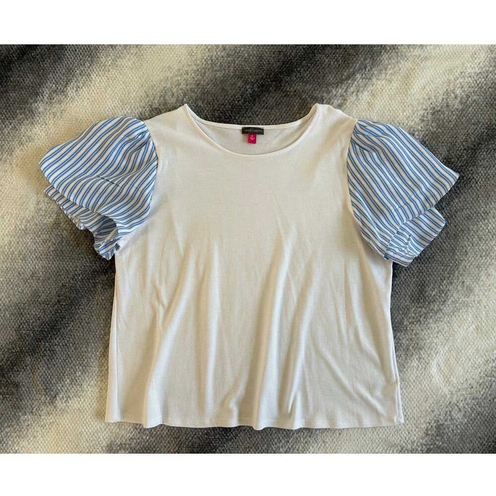 Vince Camuto Tulip Sleeve Mixed Media Blue White Relaxed Fit Top Size XL